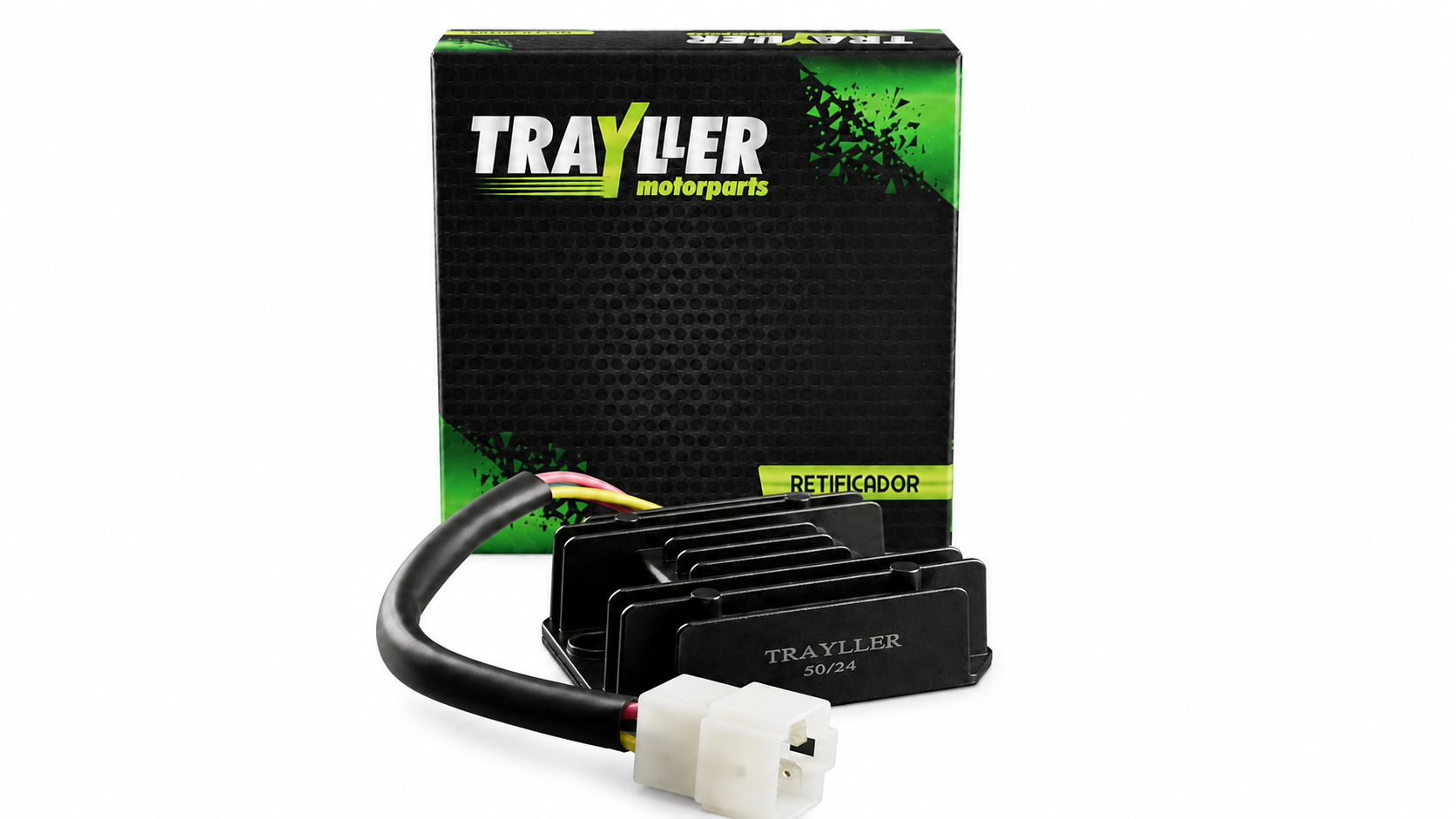 Embalagem preta e verde com logomarca da Trayller e o retificador de bateria preto com cabo preto e conector branco