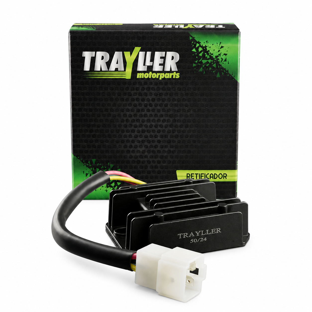 Embalagem preta e verde com logomarca da Trayller e o retificador de bateria preto com cabo preto e conector branco