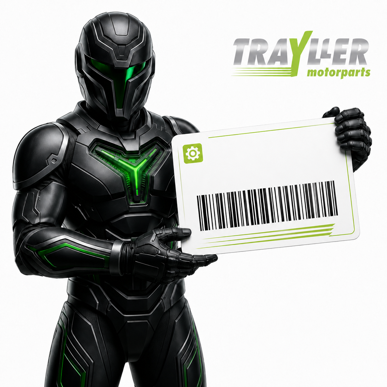 a logomarca da Trayller e o mascote Trayx segurando um código de barra